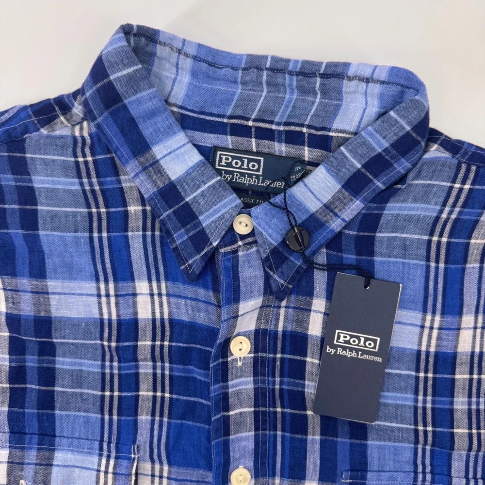 Polo Ralph Lauren Button Up Mens XL Blue Plaid Linen Short Sleeve Popover Shirt